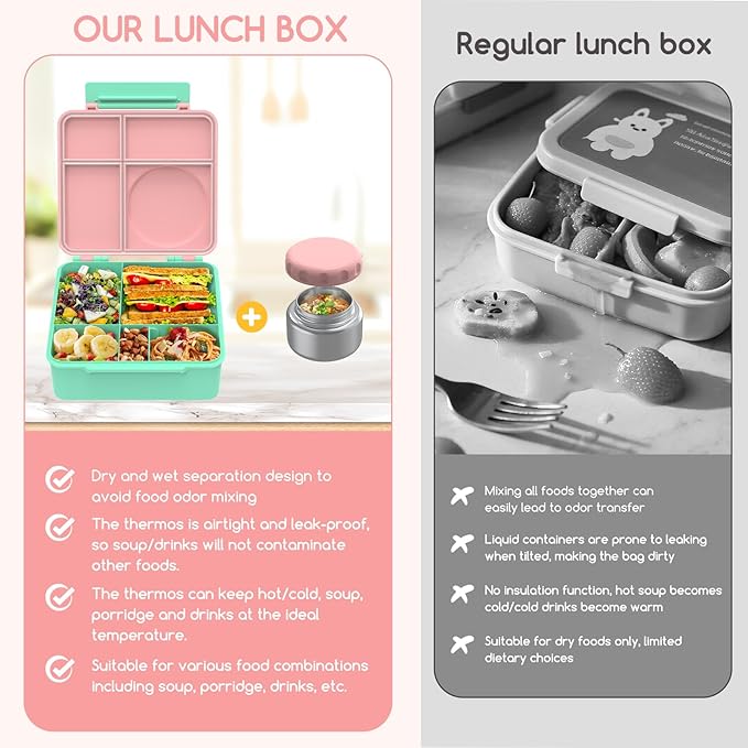 Bento Box for Kids - Leak-Proof Bento Lunch Box with Insulated Thermos Food Jar - 4 Compartments, 1 Removable Divider, 1Spoon, 1 Fork - Dishwasher Safe, BPA-Free (Light pink)
