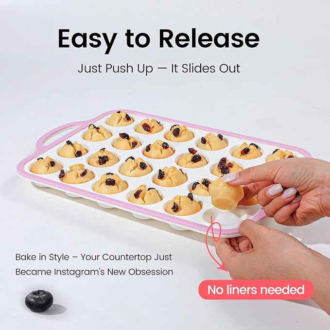 Silicone Mini Muffin Pan With Metal Reinforced Frame - 24 Cups Durable Silicone Cupcake Pan for Muffin, Cupcakes, BPA Free and Dishwasher Safe - 2 Piece Pink