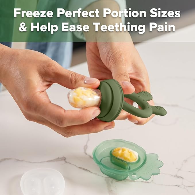 Haakaa Baby Fruit Food Feeder & Mini Freezer Nibble Tray Combo, Breastmilk Popsicle Molds for Baby Cooling Relief, BPA Free Silicone Feeder for Safe Infant Self Feeding, 4 Month+(Olive Green)