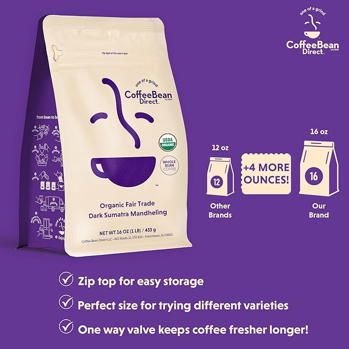 Coffee Bean Direct Organic Fair Trade Dark Sumatra Mandheling, Whole Bean Coffee, Dark Roast, 1 Pound Bag (Pack of 1)