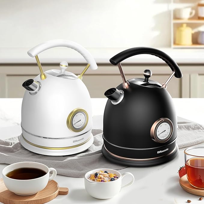 Rasonic Retro Electric Kettle Stainless Steel, 1.8L Tea Water Boiler, 1500W Fast Quiet Boil, Temperature Gauge, Auto Shut-Off, Boil-Dry Protection, Matt Black and Rose Gold