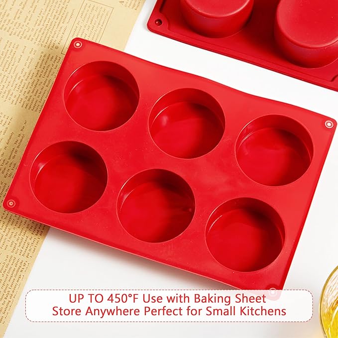 3-Pack 6-Cup Silicone Muffin Pan - Non-Stick Baking Mold for Cupcakes, Muffin Cupcake Pans Molds for Baking, Cornbread, Eggs - Red