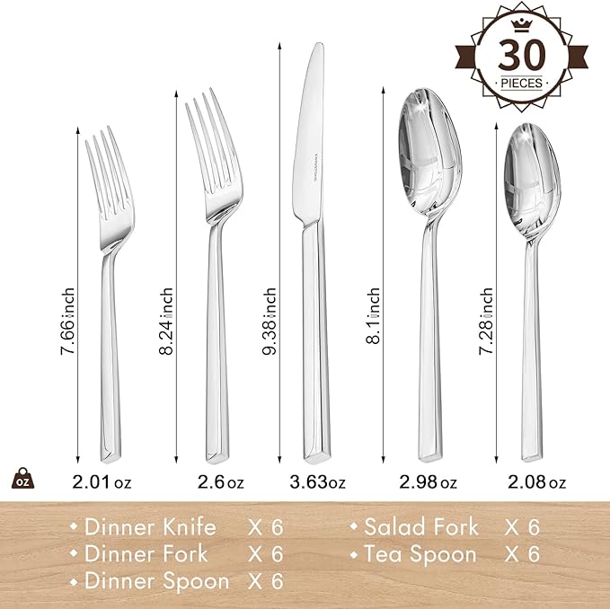 KINGSTONE Silverware Set, 30-Piece Flatware Cutlery Set Premium Stainless Steel, Service for 6, for Kitchen, Home, Wedding, Party, Mirror Polished and Dishwasher Safe