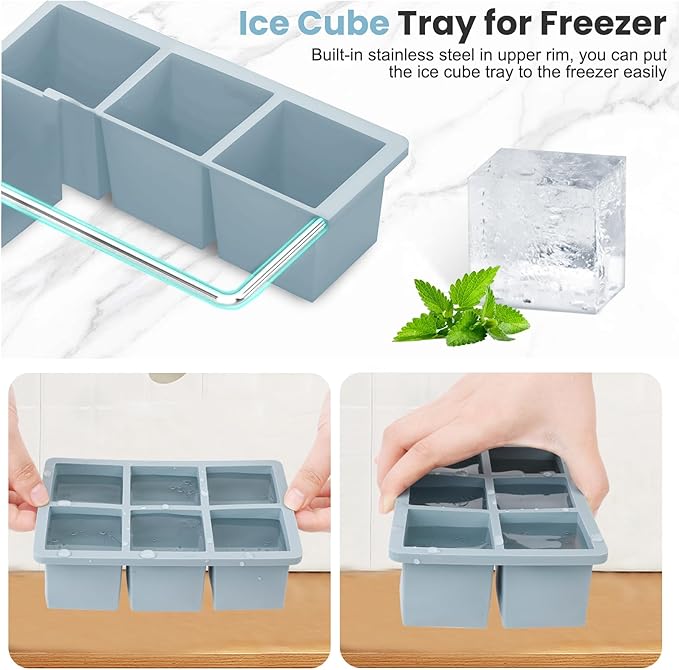 Large Silicone Ice Cube Tray 3Pack, SAWNZC Big Square Ice Cube Molds for Whisky Cocktail, Ice Maker Tray with Lid for Freezer, Easy Release (3, Blue+Green+Pink)