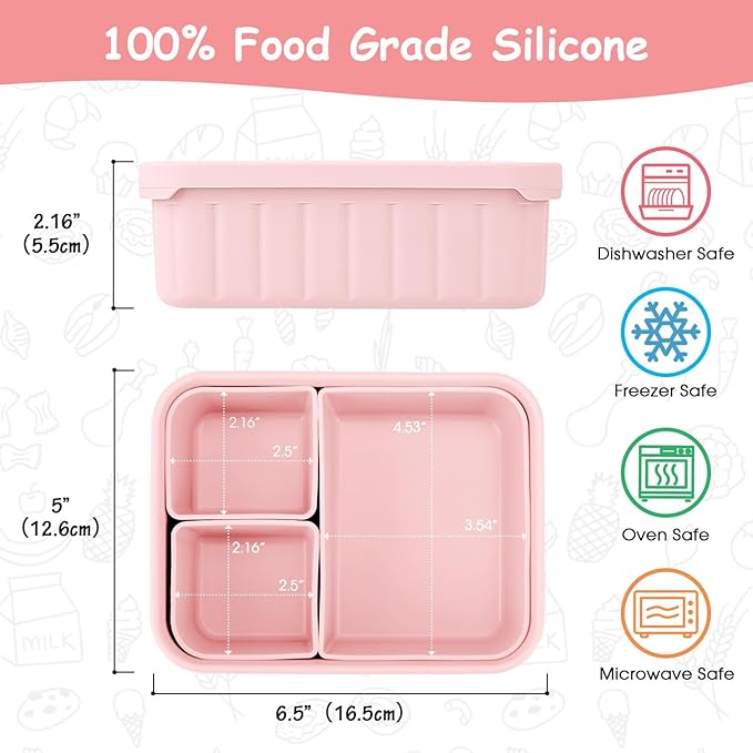 Bento Lunch Box for Kids-Reusable Silicone Kids Bento Box Lunch Container Leakproof Lunchbox Meal Prep Food Storage Containers with 3 Removable Compartments–Dishwasher Safe/BPA Free/Portion Control