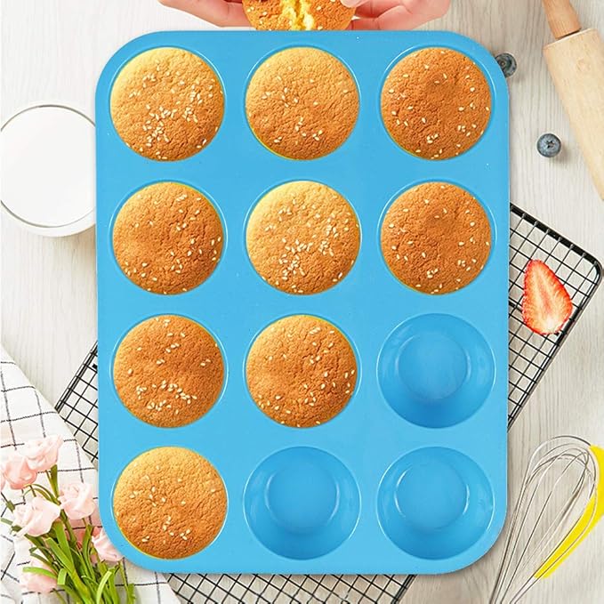 Silicone Muffin Pan, Cupcake Pan, 12 Cups, Food Grade Egg Muffin Baking Silicone Molds, Non-stick, 3 Pcs
