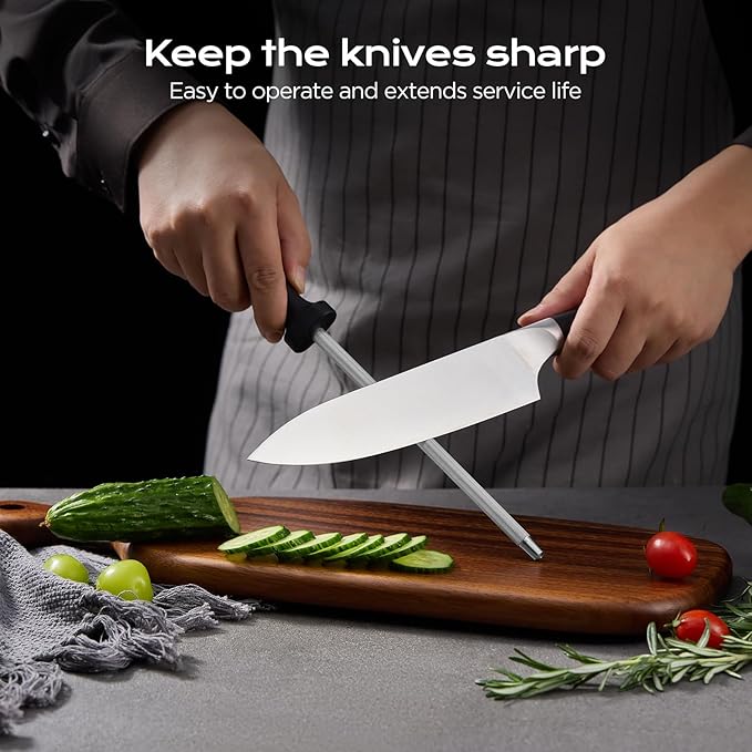 14-Piece Kitchen Knife Set with Oak Wood Block – 3Cr13 Stainless Steel Knife Block Set with Chef Knife, Santoku, Bread, Utility, Paring & 6 Steak Knives, Kitchen Shears & Sharpening Rod