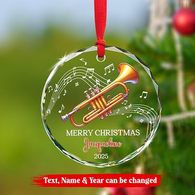 Personalized Text & Name Trumpet Instrument Christmas Glass Ornament, Musical Instrument Xmas Ornament Gifts for Trumpet Player, Custom Trumpetist Christmas Keepsake, Music Lover Glass Ornaments 2025
