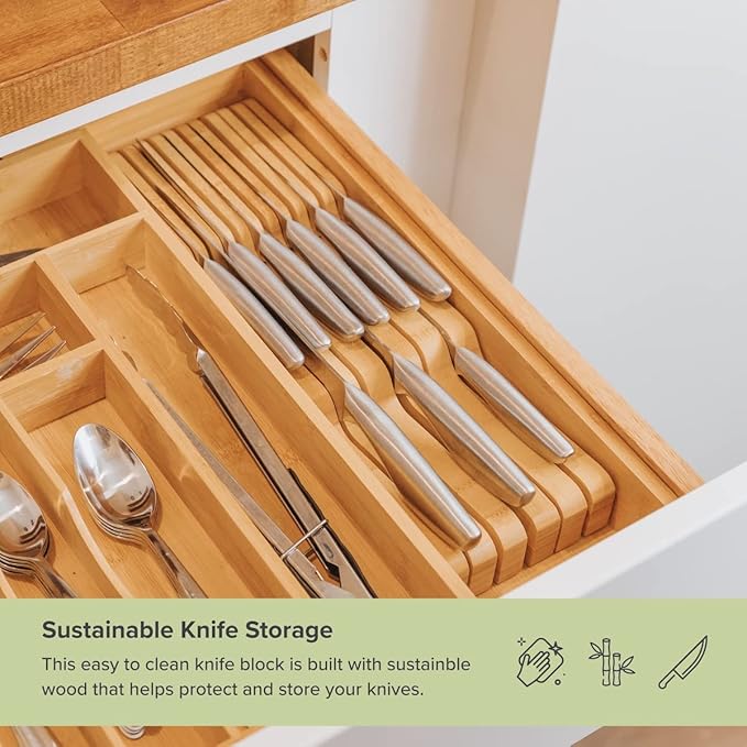 KitchenEdge Bamboo Kitchen Knife Block Holder Organizer - Holds 5 Long + 6 Short Knives (Not Included), Fits Most Knife Sizes, Rubber Feet, Sustainable Bamboo, In-Drawer Design