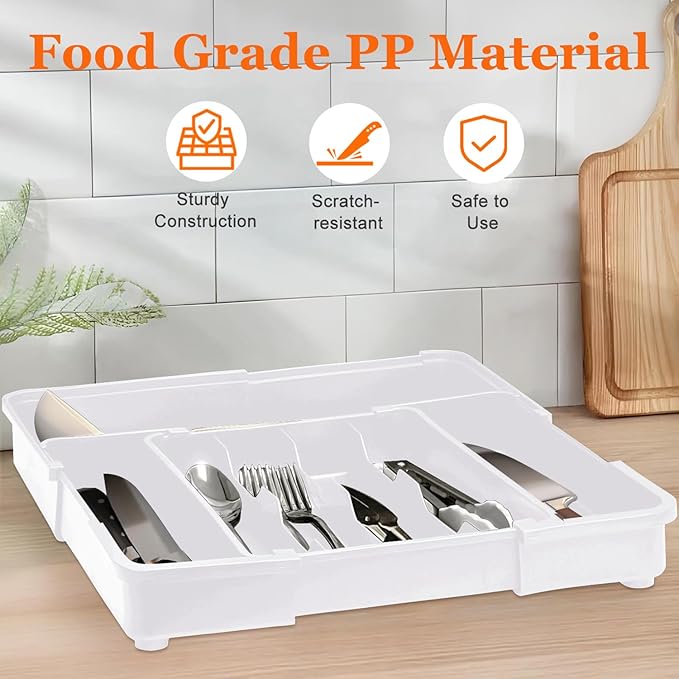 Silverware Organizer - Expandable Kitchen Drawer Organizer, BPA-Free Food-Safe Utensil Drawer Organizer with 7 Compartments, Deep Cutlery Tray for Forks, Knives, White