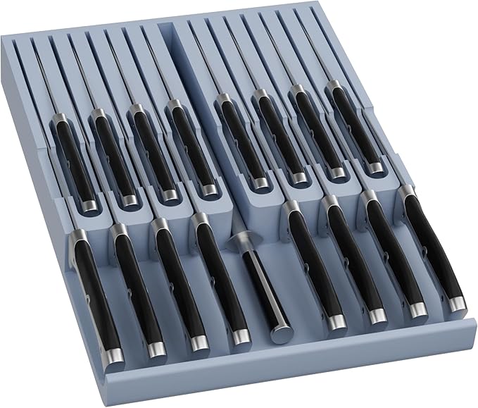 Domax Bamboo In-drawer Knife Block - Knife Drawer Organizer Insert Large Handle Steak Knife Holder, Kitchen Drawer Knife Organizer Fits for 16 knives and 1 Sharpening Steel (Not Included), Gray
