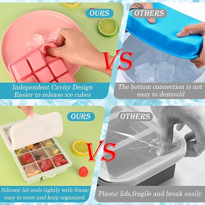 HUAKENER 2 Pack Silicone Ice Cube Tray, Medium Size Ice Cube Trays for Freezer, Stackable Ice Cube Molds with Lid for Whiskey, Coffee, Juice, Baby Food
