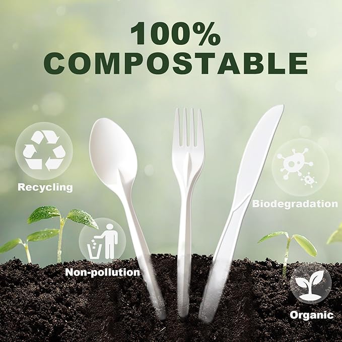 150PCS compostable utensils set Eco-friendly Heavy Duty Utensils (50 Forks, 50 Spoons, 50 Knives) Compostable Cutlery Set Biodegradable Utensils disposable silverware for party BBQ, Picnic Daily Use