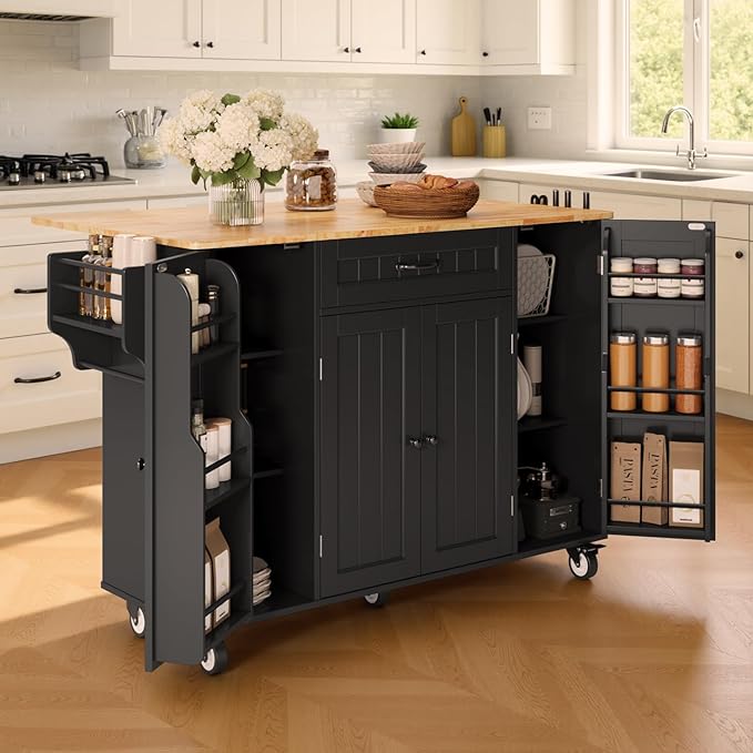 Ahomly Rolling Kitchen Island on Wheels, Kitchen Island with Storage, Kitchen Rolling Island with Spice Rack & Towel Rack, Knife Holder, Island Table for Kitchen, Black