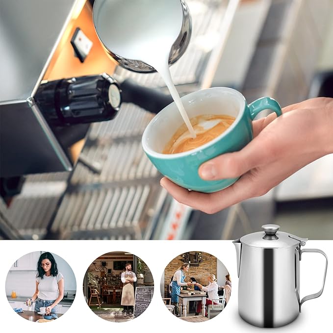 Milk Frothing Pitcher, Stainless Steel Coffee Cup Mug Milk Frothing Pitcher Jug with Lid and Handle Cappuccino Latte Coffee Art for Home Office Kitchen Coffee Shop, Silver(600ml)