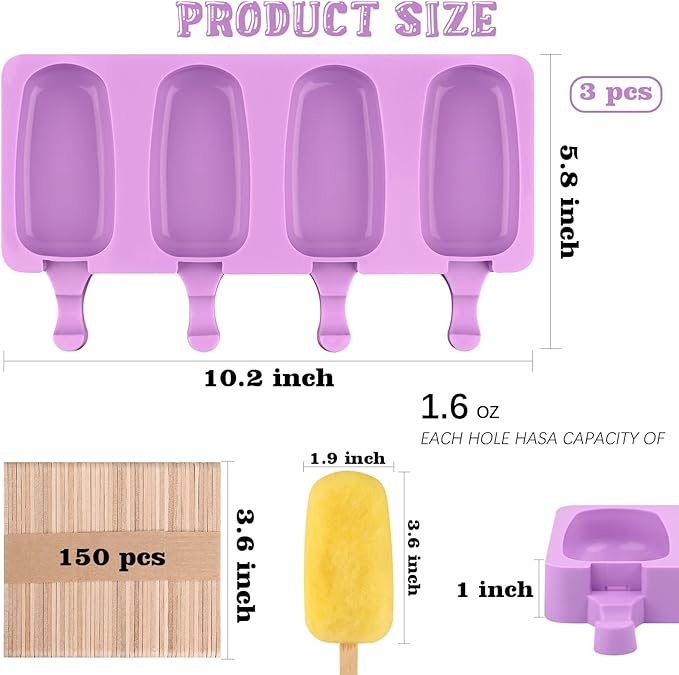 Sakolla Large Silicone Popsicle Molds Set of 3, Oval 4 Cavities Homemade Ice Pop Molds with 150 Wooden Sticks for Ice Cream, Cakesicles, Cake Pop (Purple)