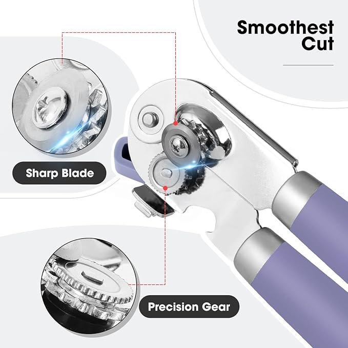 Beneno Heavy Duty Hand Can Opener Manual with Magnet, Durable Sharp Carbon Steel Blade Smooth Cutting, Big Effort-Saving Knob, Soft Grip Handle, Multifunctional Kitchen Tool with Bottle Opener, Purple