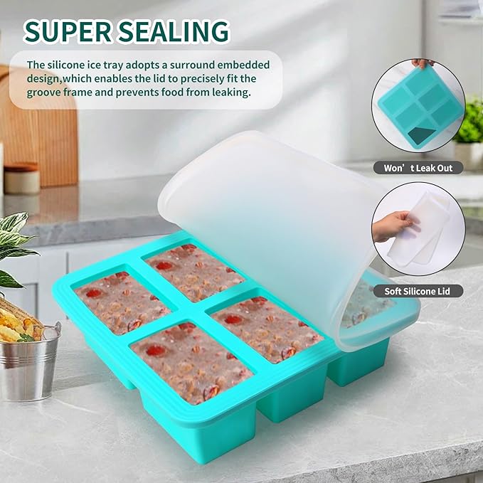 Silicone Freezer Tray With Lid - Soup Freezer Container molds - Large Ice Cube Tray- makes 12 perfect 1 cup portions cubes, 2-Pack Freezer Storage Food Soups & Meal Prep (Aqua 2 Pack)