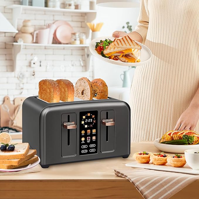 SEEDEEM Toaster 4 Slice, Full Touch control Toaster, LCD Display, 6 Bread Type, 7 Shade Settings, 1.4''Wide Slots，More Time Function, Removable Crumb Tray, 1800W, Dark Metallic