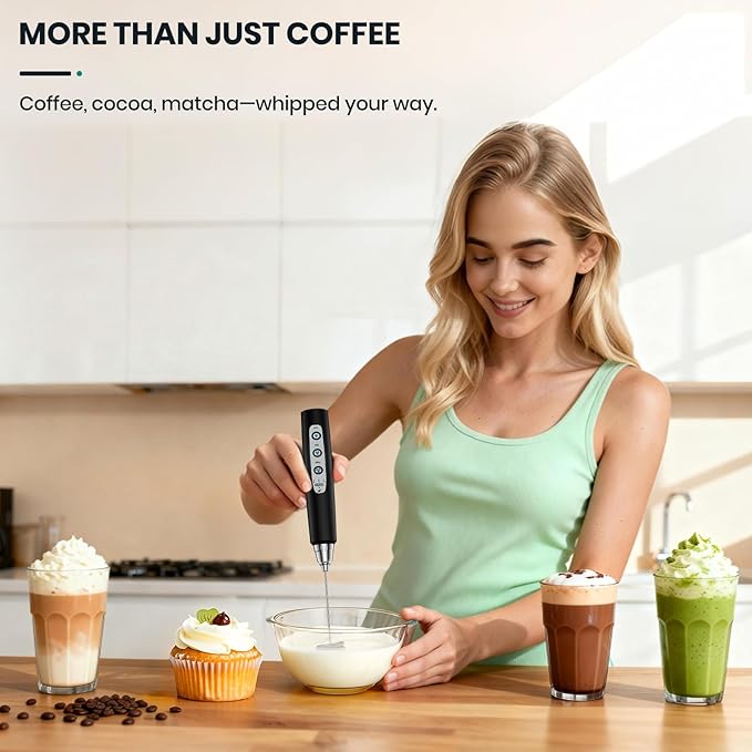 Milk Frother Handheld Rechargeable with Stand, Frother Wand Drink Mixer Electric Whisk for Coffee, Detachable With 3 Stainless Whisks, Hand Mixer for Lattes, Cappuccino, Matcha, Egg, Black