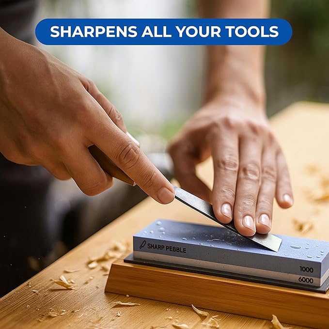 Sharp Pebble Premium Whetstone Knife Sharpening Stone 2 Side Grit 1000/6000 Waterstone- Whetstone Knife Sharpener- NonSlip Bamboo Base & Angle Guide