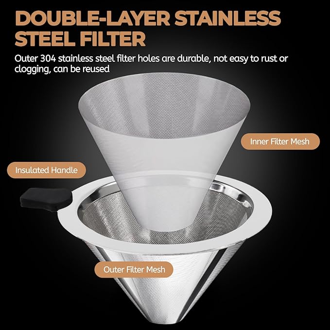 Pour Over Coffee Maker 600ml with 304 Stainless Steel Filter and Wooden Collar Holder Borosilicate Glass Drip Coffeemaker Server Set Clear Hand Brew Dripper Carafe for Home Camping Travel 20.3oz