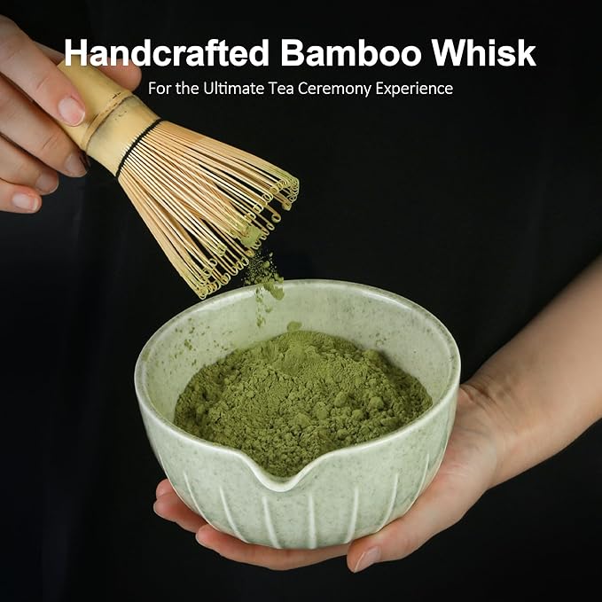 Matcha Bowl and Tea Whisk Set, 7-Piece Collection: 19-ounce ceramic bowl, whisk stand, bamboo scoop with scoop holder, tea strainer, and tea towel. Complete matcha ceremony set.