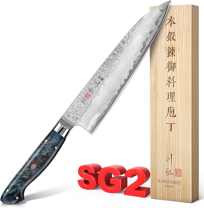 KAWAHIRO Japanese Chef Knife with SG2 Powder Steel, 8.27 inch Professional Gyuto Knife, Hand Forged Kitchen Knife with Premium Stabilized Wood Handle and Wood Gift Box