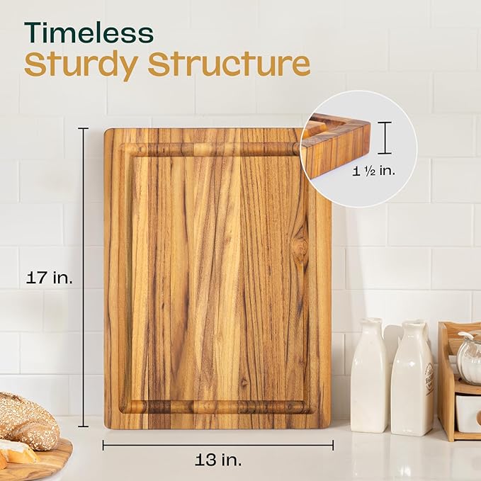 Yes4All Solid Teak Cutting Boards for Kitchen, [17''L x 13''W x 1.5” Thick] Medium Edge Grain Butcher Block Cutting Board, Food Safe Surface Wood Cutting Boards with Juice Grooves and Easy Grip Handle