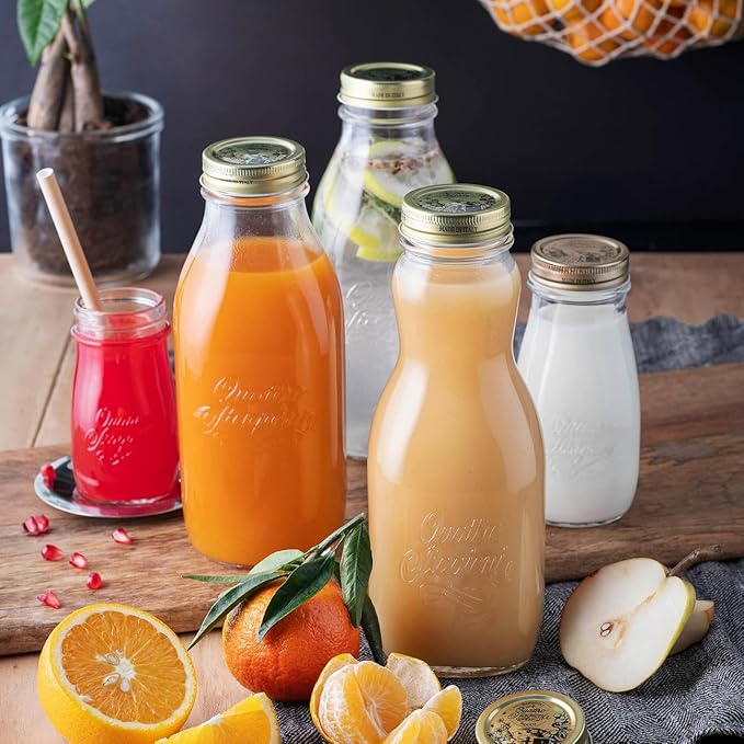 Bormioli Rocco Quattro Stagioni 33.75 Oz. Glass Milk Bottle with Lid, Air-Tight, Glass Jug Mason Jar, Dishwasher Safe, Made in Italy