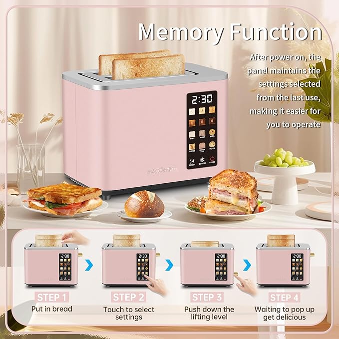 SEEDEEM Toaster 2 Slice, Touch Control Screen, Smart Stainless Toaster, 6 Shade Setting, 6 Bread Selection, Countdown, Removable Crumb Tray, 900W, Peach Pink