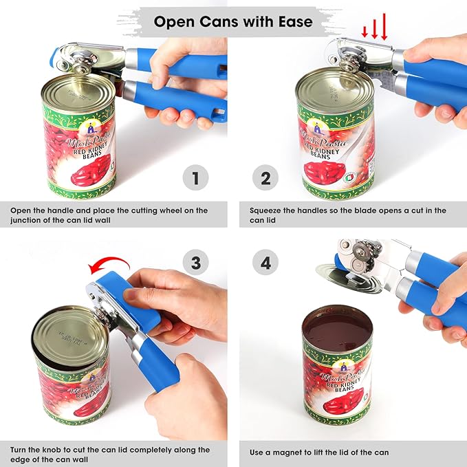Beneno Heavy Duty Hand Can Opener Manual with Magnet, Durable Sharp Carbon Steel Blade Smooth Cutting, Big Effort-Saving Knob & Soft Grip Handle, Multifunctional Bottle Opener, Klein Blue
