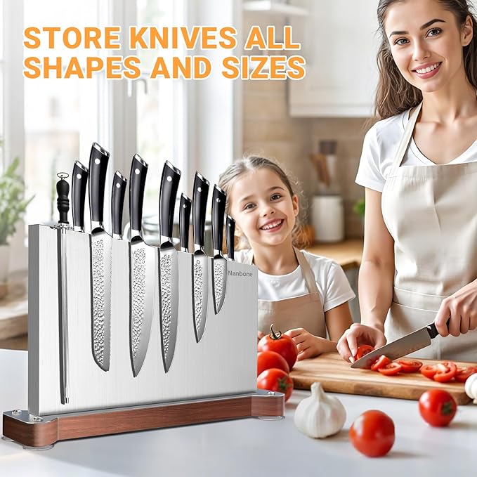 Magnetic Knife Block Without Knives Large Double Side Magnetic Knife Holder Stand with Strong Magnet, Stainless Steel Knife Storage Organizer for Kitchen Counter Knife Rack Three Magnet Strip
