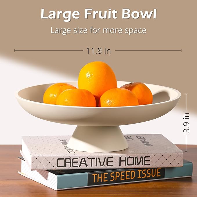 Large Decorative Bowl for Home Decor, Large Fruit Bowl for Kitchen Counter, Key Bowl for Entryway Table (Beige, Pedestal)