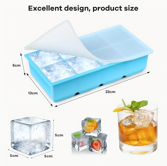 2 Pack Silicone Extra Large Ice Cube Tray - Ice Cube Molds with Lid Reusable & BPA Free, 8 Grids Silicone Large Square Ice Cube Trays Easy Release Ice Cube Tray for Iced Coffee, Cocktail, Whiskey