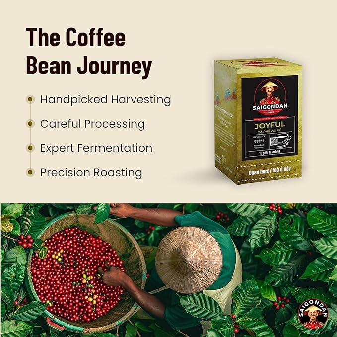 Pour Over Vietnamese Coffee – Saigondan Joyful | Medium Roast | Arabica Bourbon | Instant Specialty Coffee | Small Batch Roasted | Direct Trade | Notes of Orange Blossom | 18 Sachets