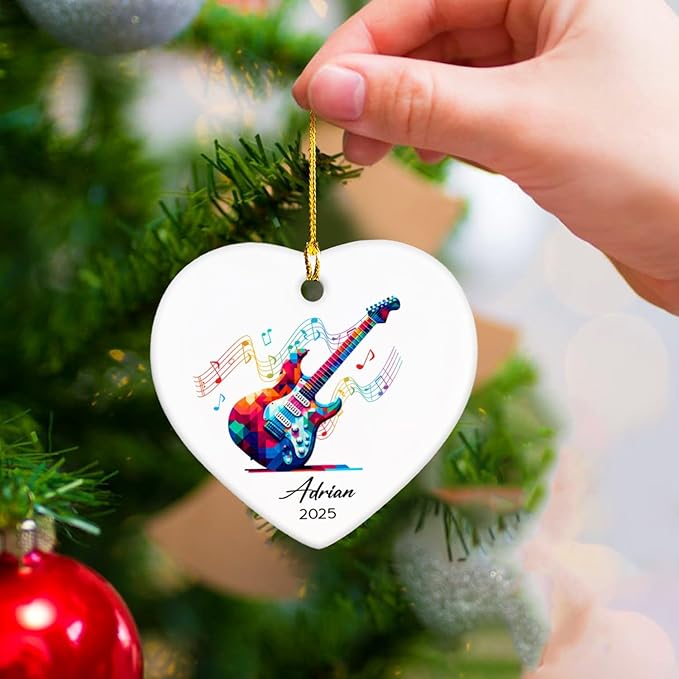 Electric Guitar Xmas Tree Ceramic Ornament 2025, Personalized Electric Guitar Lovers Ornaments Keepsake, Guitarist Ceramic Ornament Christmas, Custom Name & Year Musical Instrument Player Ornaments