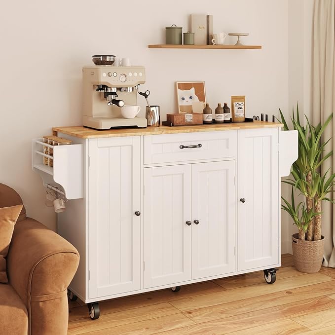 Ahomly Kitchen Island with Storage, 47.6" Rolling Kitchen Island on Wheels with Drop Leaf, Door Cabinet, Drawer, Spice Rack, Towel Rack and Knife Holder, Kitchen Cart Island Table for Kitchen, White