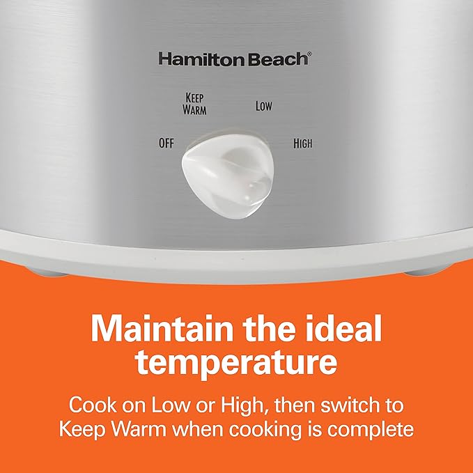Hamilton Beach 4-Quart Slow Cooker with 3 Cooking Settings, Dishwasher-Safe Stoneware Crock & Glass Lid, Stainless Steel (33140G)