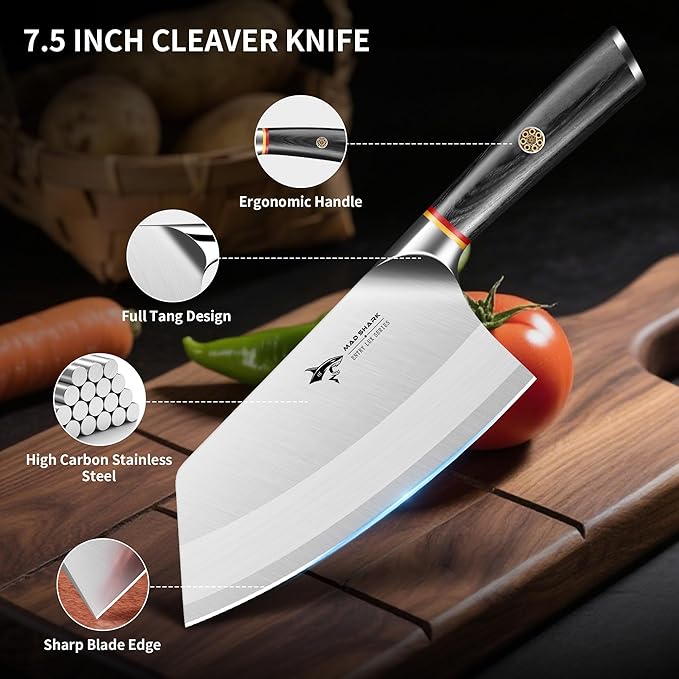 MAD SHARK 7 Inch Meat Cleaver Knife, German Stainless Steel Professional Vegetable Knife, Stainless Steel with Beautiful Pakkawood Handle, Heavy Duty Blade for Chef, Home Kitchen and Restaurant