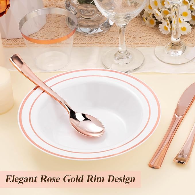 50 Pack Disposable Soup Bowls with Rose Gold Rim, 12oz Premium Heavy Duty Plastic Dinner Bowls for Party, Wedding and Holiday
