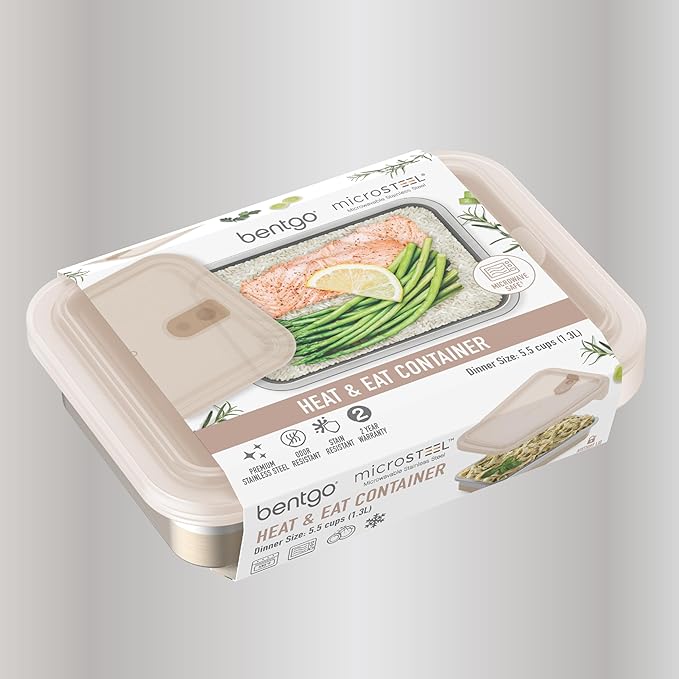 Bentgo MicroSteel Heat & Eat Container – Microwave-Safe, Leak-Proof, Easy-to-Clean, Lightweight Stainless Steel Reusable Food Storage with Airtight Silicone Lid (Dinner Size; 5.5-Cup Capacity; Gold)