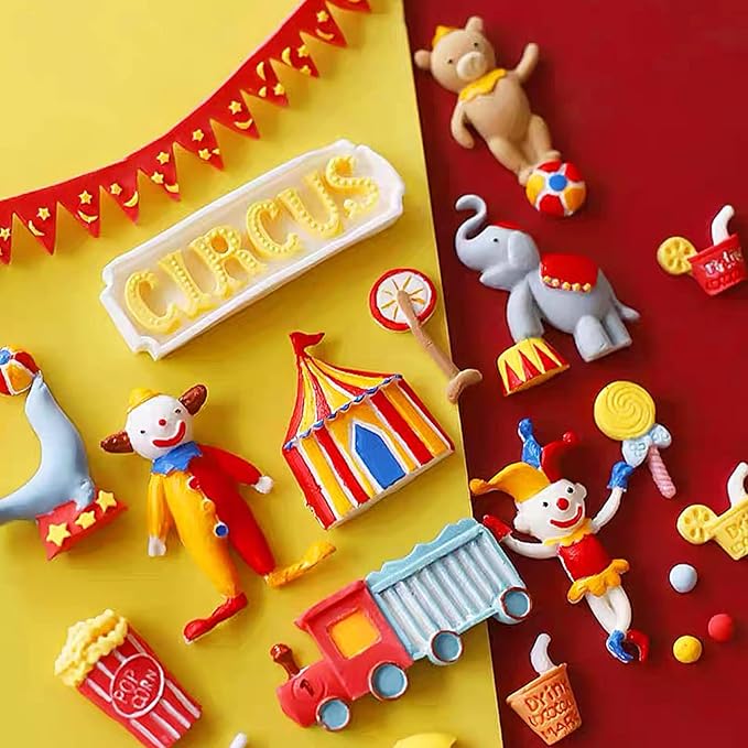 Circus Fondant Molds, Clown Elephant Silicone Molds, Bus Kitchen Baking Tools (2 Pcs) for Cake Decorating, Cupcake Toppers, Candy Chocolate, Cookies, Mousse, Bread, Polymer Clay, Epoxy, Birthday Party