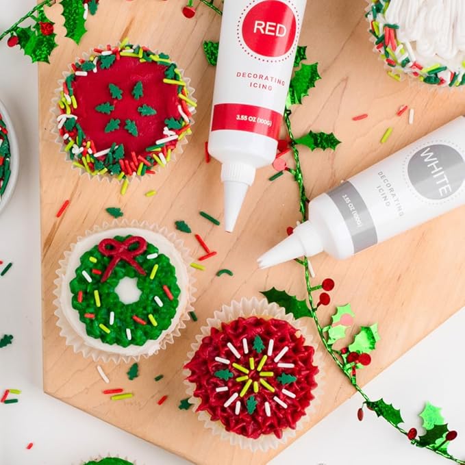 Sweets Indeed Christmas Cookie Decorating Kit – 11.31 oz | 3 Frosting Tubes (Red, Green & White) + 4 Decorating Tips + 2.5 oz Holiday Sprinkles for Christmas Cookies, Cupcakes & Cakes