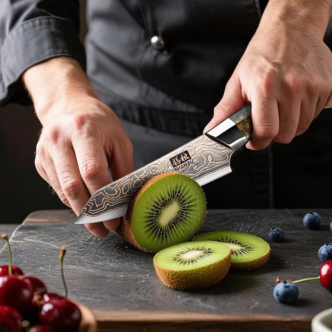 SHAN ZU Damascus Paring Knife 3.74 Inch, Japanese Paring Knives Copper & Damascus Steel High Carbon 33 Layer Hand Forged, Ultra Sharp Fruit Knife Carving Knives with Maple Wood Handle