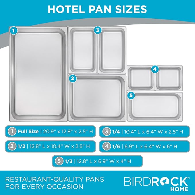 BIRDROCK HOME Stainless Steel Steam Table Pan - Hotel, Restaurant & Catering Supplies - 24 Gauge Steel, 4.1 qt Capacity - Meal Prep, Cooking, &Food Storage Container - 4" Depth, 1/3-Size (6 Pack)