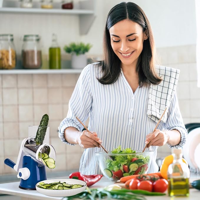 X Home Rotary Cheese Grater for Kitchen, Shredder with 3 Interchangeable Blades, Rotary Grater with Handle and Strong Suction Base, for Vegetables, Fruit, Nuts, Easy to Use and Clean, Dark Blue