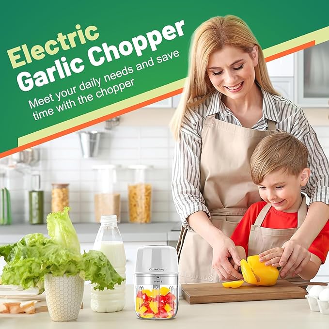 Electric Garlic Chopper, 300ML Portable Cordless Mini Food Processor, Rechargeable Vegetable Chopper Blender for Nuts Chili Onion Minced Meat and Spices BPA-Free(White)