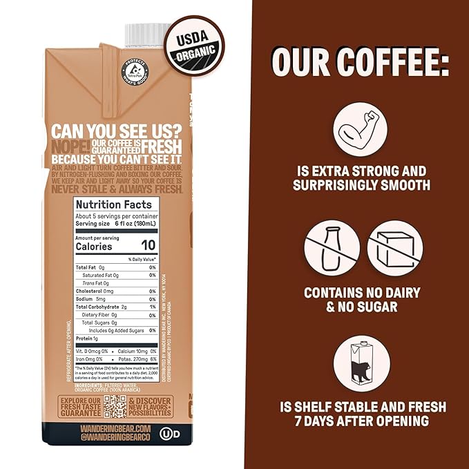 Wandering Bear Straight Black Organic Cold Brew Coffee - Extra Strong, Bold, Smooth, Unsweetened, Shelf-Stable, Ready to Drink, 100% Organic Iced Cold Brewed Coffee Drink - 32 fl oz, 6 pack