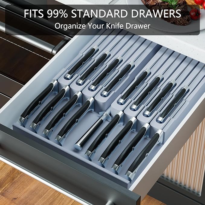 Domax Bamboo In-drawer Knife Block - Knife Drawer Organizer Insert Large Handle Steak Knife Holder, Kitchen Drawer Knife Organizer Fits for 16 knives and 1 Sharpening Steel (Not Included), Gray